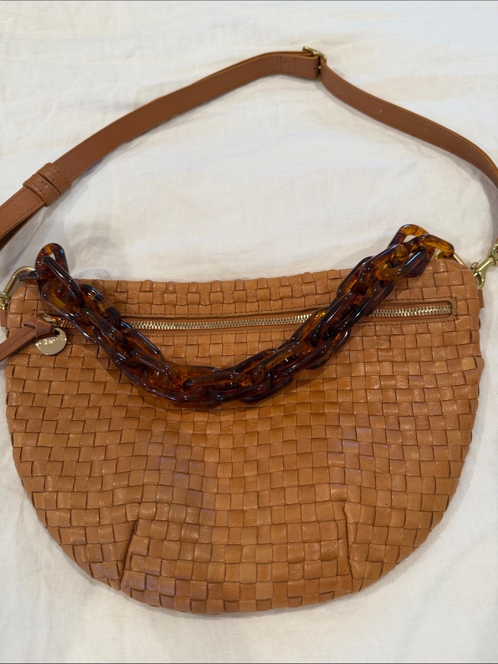 Woven Leather Shoulder Bag with Tortoiseshell Chain Handle - Tan
